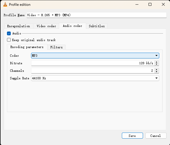 Compress video with VLC - Changing Audio Settings