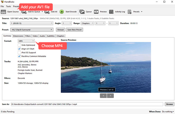 Convert AV1 to H.264 with HandBrake