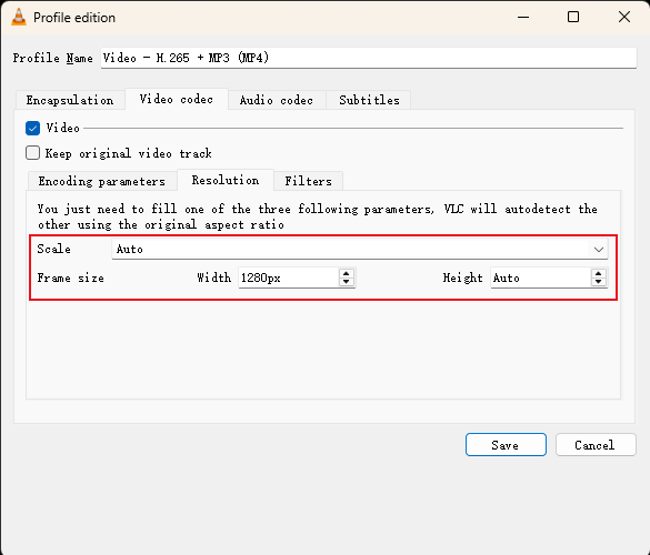 Compress video with VLC - Downscale Resolution