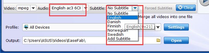 Selected Desired Audio or Subtitle