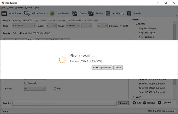 HandBrake Scan and Load DVD