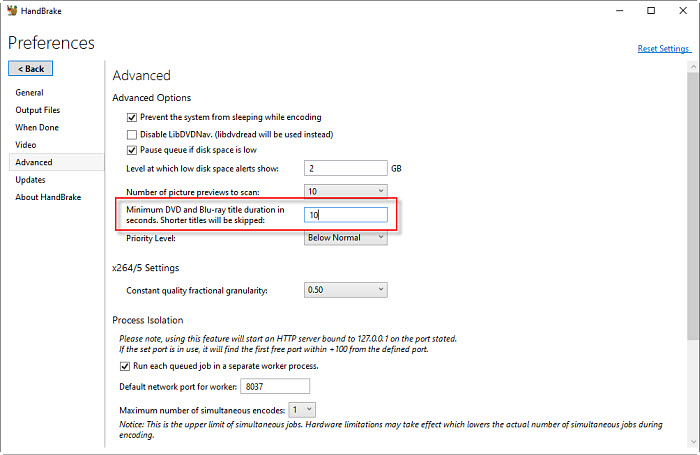 Handbrake title duration