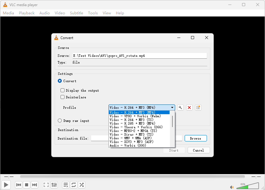 Convert AV1 to H.264 with VLC